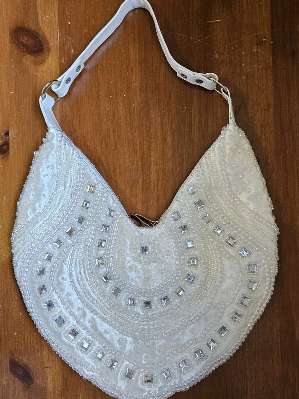 White Beaded Evening Bag with Seed Pearls & Rhinestones, Vintage